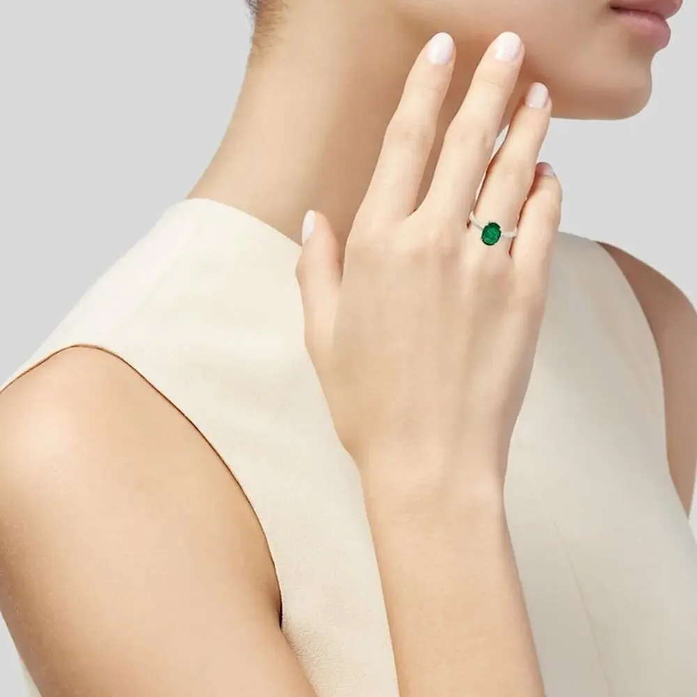 14K Yellow Gold 1.27ct Oval Emerald & 0.12 ct Diamond Cocktail Ring Size: 7 New